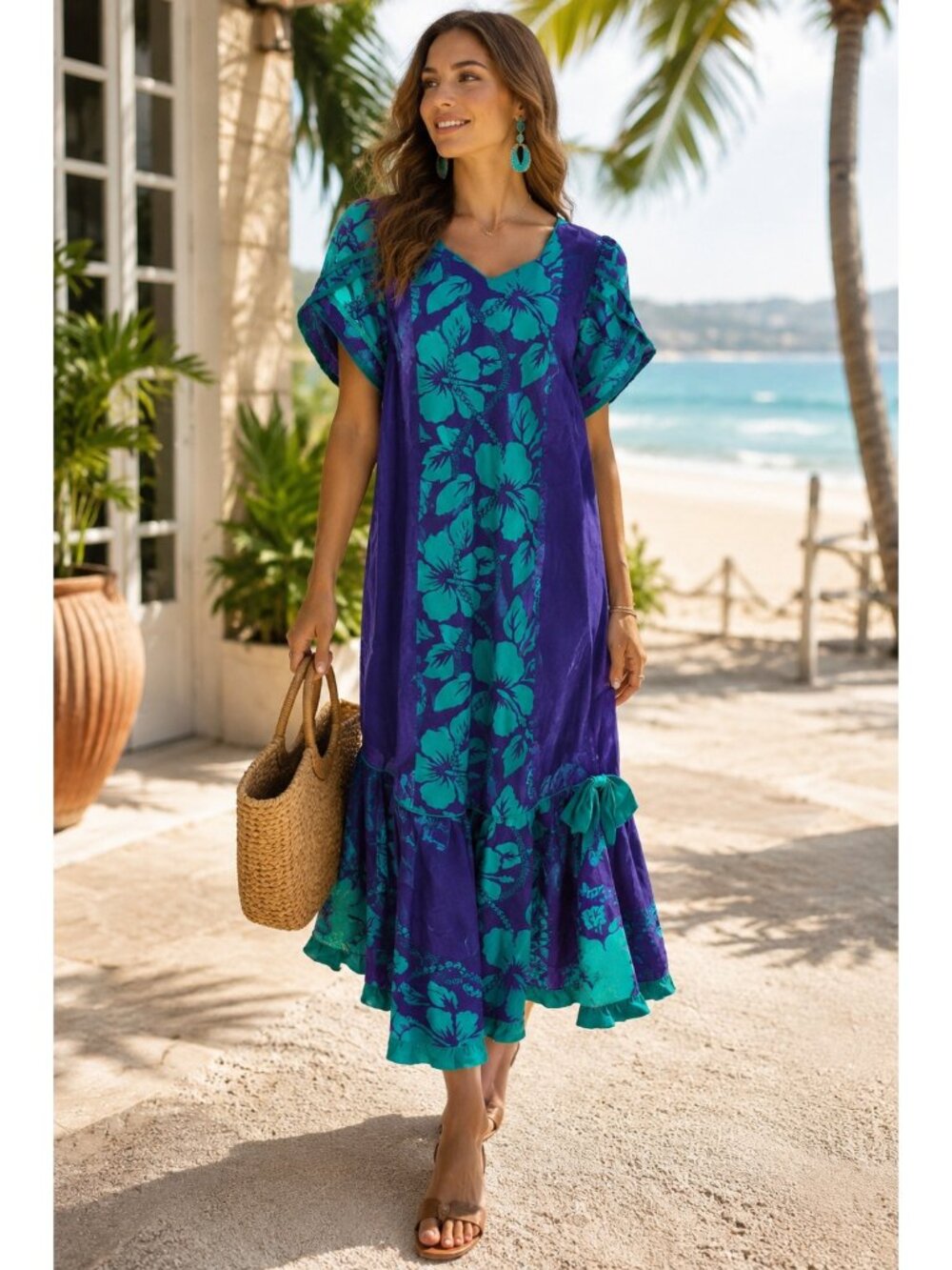 Vintage T&L Muumuu Factory Hawaii Dress Purple Teal Floral Cotton Ruffle Puff